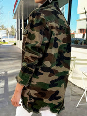 Fashion Camo Print Ripped Denim Jacket