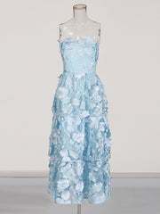 Boutique Embroider 3D Flower Tiered Strapless Dress