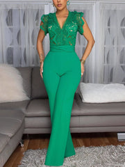 Elegant V Neck Lace Patchwork Slim Jumpsuit