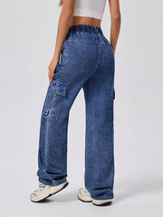 Retro Elastic Waist Loose Straight Cargo Jeans