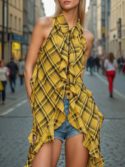 Casual Irregular Ruffle Sleeveless Plaid Shirt