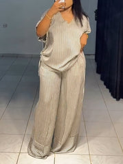 Fashion Stripe V-neck Shirt Wide Leg Pant 2 Piece Set