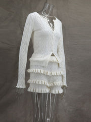 Fashion Knit Ruffled Layered Shorts Tracksuits Set