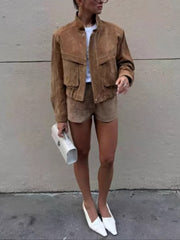 Vintage Zipper Suede Leather Jacket Shorts Sets