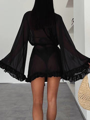 Sheer Mesh V Neck Ruffles Flare sleeve Mini Dress