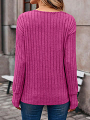 Casual Long Sleeve V Neck Knit Rib Pullover Sweatshirt