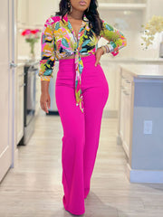 Elegant Print Bandage Top Wide Leg Pants Casual Set