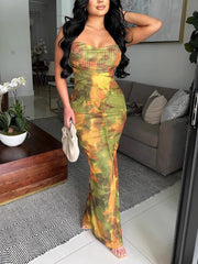 Sexy Tie-dye Spaghetti Strap Bodycon Maxi Dress