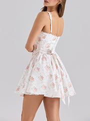 Fashion Floral Print Lace-Trim Ruffle Mini Dress