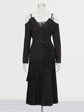 Trendy Off Shoulder Blazer Pleated Skirt Suit