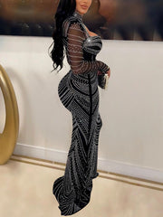 Sexy Rhinestone Sheer Mesh Slim Nightclub Party Dress