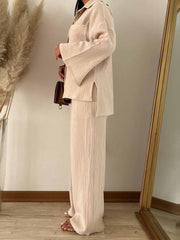 Casual Pleated Long Sleeve Shirt And Pants Sets