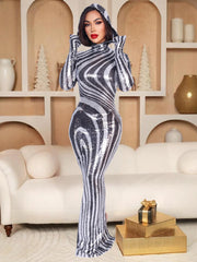 Elegant Sequin Hooded Slim Nightclub Maxi Dress