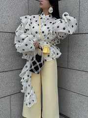 Elegant Ruffled Lace-up Stand Collar Polka Dot Shirt