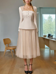 Elegant Sloping Shoulder Tops Tulle Skirt Sets