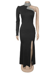 Elegant Off Shoulder Rhinestone Front Slit Dress