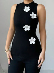 Round Neck Sleeveless 3D Flowers Slim Tank Top