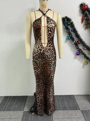 Halter Neck Elastic Leopard Print Long Dress