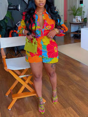 Casual Print Loose Shirt And Shorts Two Piece Set