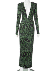 Leopard Print Deep V Detail Slim Maxi Dress