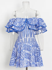 Off Shoulder Embroidered Layered Ruffle Mini Dress