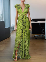 Elegant Sleeveless V-Neck Slit Ruffle Maxi Dress