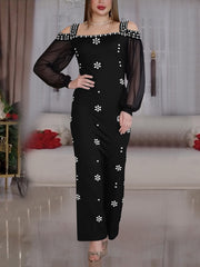 Elegant Rhinestone Square Neck Mesh Slim Maxi Dress