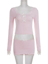 Sexy Lace-Trim Bow Slim Crop Top And Mini Skirt Set