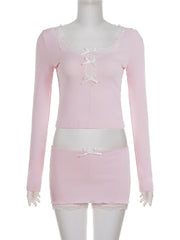 Sexy Lace-Trim Bow Slim Crop Top And Mini Skirt Set