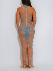 Sexy Sheer Mesh Rhinestones Bodycon Maxi Dress