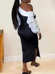 Sloping Shoulder Lantern Sleeve Mid Dress