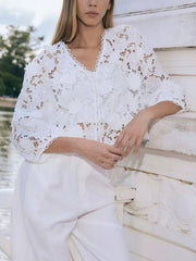 Elegant V Neck Lace Floral Hollow Out Shirt