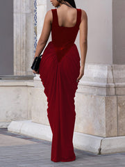 Elegant Velour Patchwork Ruched Slim Maxi Dress