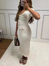 V-neck Short Sleeve Solid Ribbed Knit Midi Dress