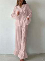 Casual Ruffle Lace-up Shirt Trousers Two Piece Set