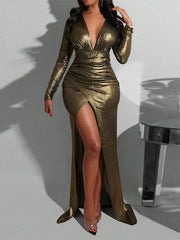 Fashion Metallic Color Deep V Ruched High Slit Dress