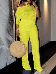 Casual Oblique Neck Loose Top Wide Leg Pants Set