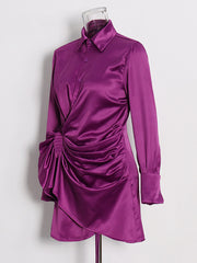 Fashion Pleated Satin Long Sleeve Shirt Mini Dress