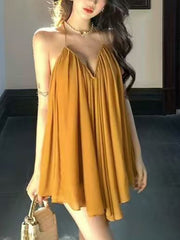 Sexy Chiffon Deep V Sleeveless Pleated Mini Dress