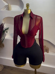 Sexy Mesh Button Corset Long-Sleeve Top