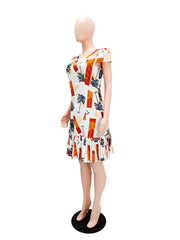 Elegant Round Collar Print Slim Fit Pleated Midi Dress