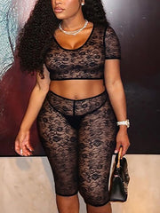 Sexy Lace See Through Crop Top Capri Legging Set