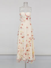 Elegant Strapless Floral Embellished Slim Maxi Dress