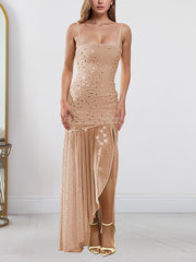 Sexy Spaghetti Strap Rhinestone Mesh Maxi Dress