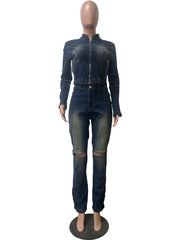 Casual Denim Jacket Straight Jeans Set