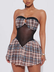 Sexy Mesh Patchwork Plaid Strapless Mini Dress
