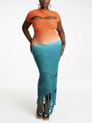 Sexy Hollow out Gradient Color Knit Dress