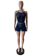 Sexy Stretch Denim Halter Top And Shorts Two Piece Set