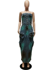 Sexy Strapless Tie-Dye Multi-Pocket Denim Dress