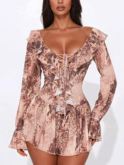 Sexy Leopard Print Ruffle Lace-up Mini Dress